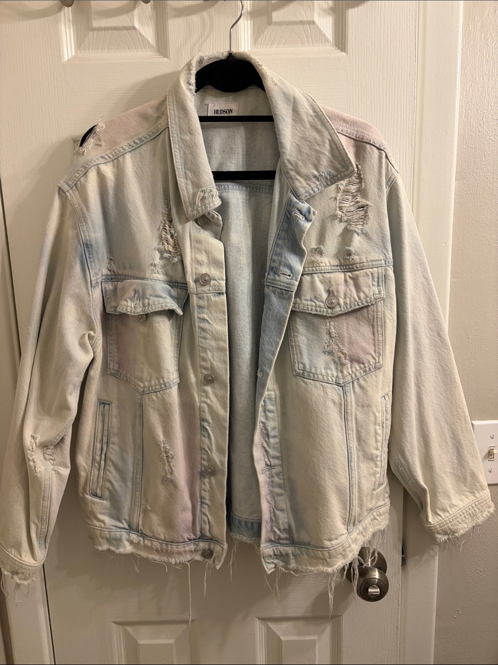 Hudson Jeans Pastel Washed Distressed Denim Jacket - Light Blue & Pink